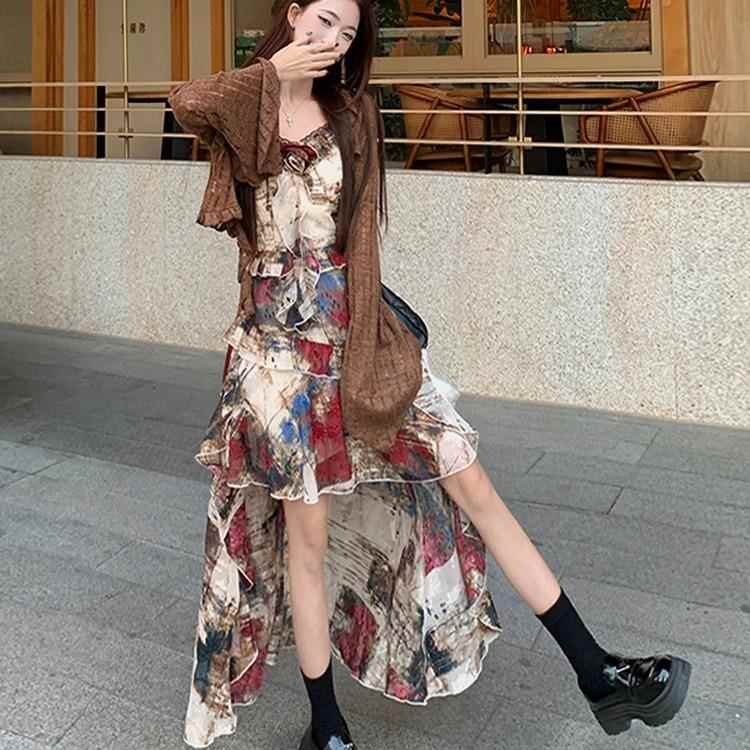 仙女复古画报油画风吊带裙氛围感拖尾燕尾裙连衣裙蕾丝开衫两件套