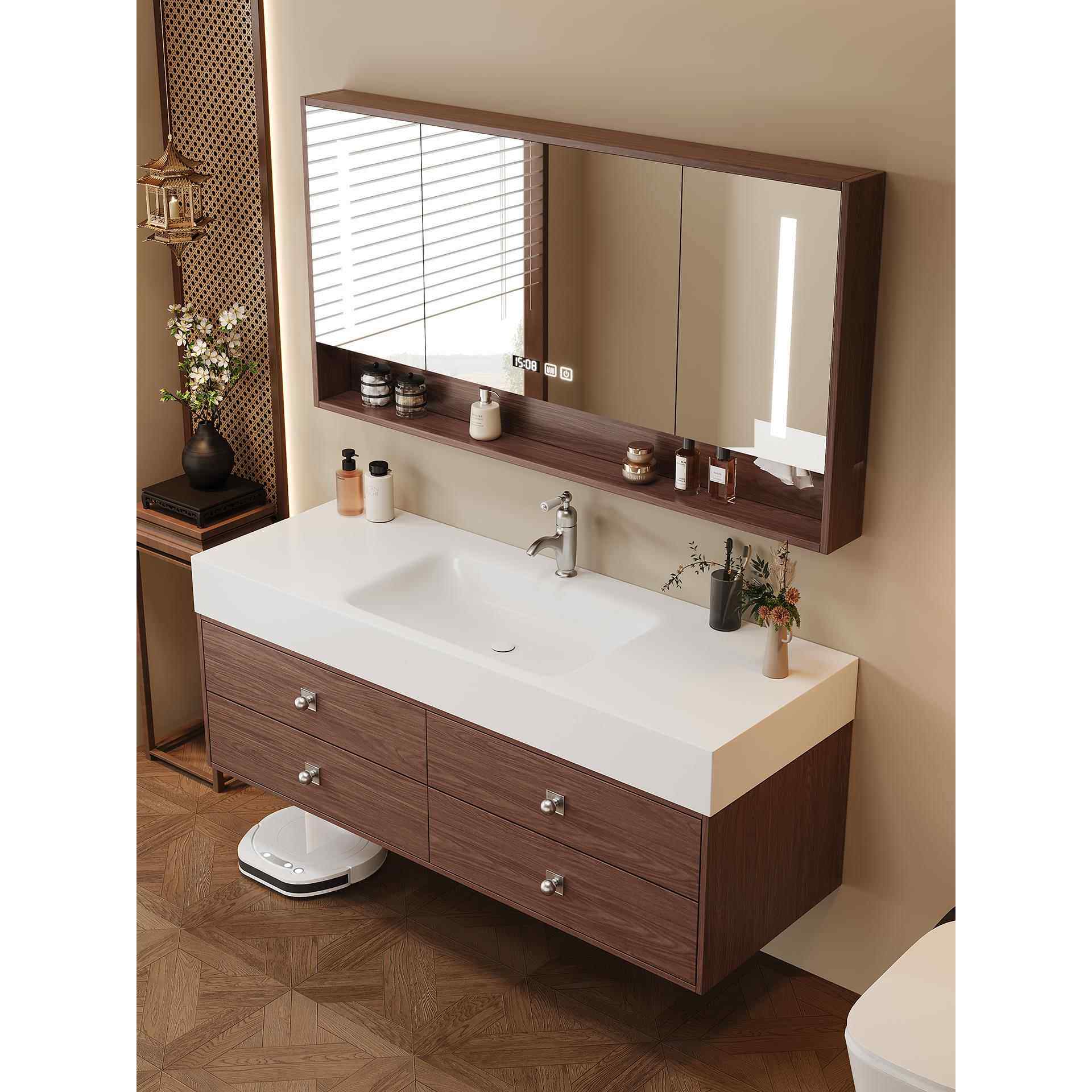 中古风可丽耐一体盆浴室柜组合岩板热弯洗漱台洗脸盆洗手池定制