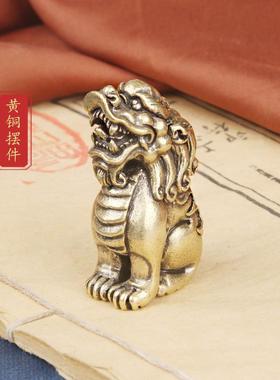 复古黄铜瑞兽狻猊桌面摆件龙之子铜雕朝天吼文玩茶宠摆饰铜器