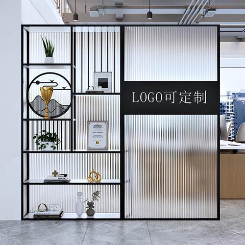 公司前台logo玻璃隔断置物架办公室前台展示架屏风隔断遮挡装饰架