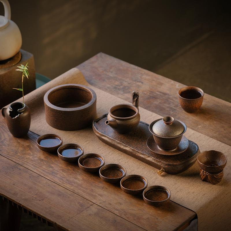 粗陶功夫茶具套装小型中式复古茶壶盖碗茶杯干泡茶盘包邮国潮风
