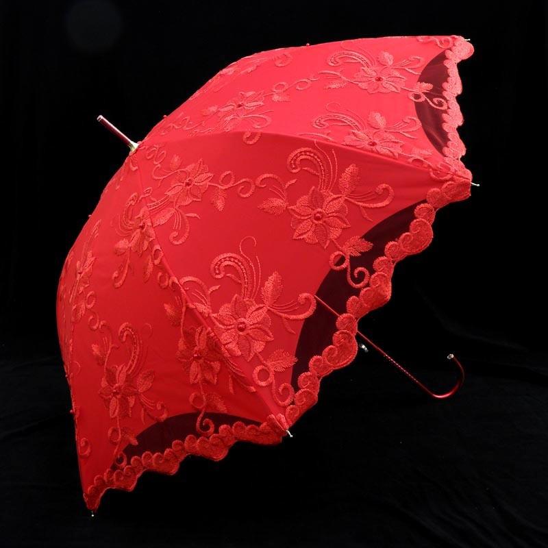 红伞新娘婚伞婚庆红色中式婚礼刺绣出嫁陪嫁蕾丝复古长柄结婚雨伞