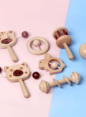 婴幼儿童抓握木拨浪鼓手PPG摇铃新生具可啃咬宝宝儿安质抚玩套装