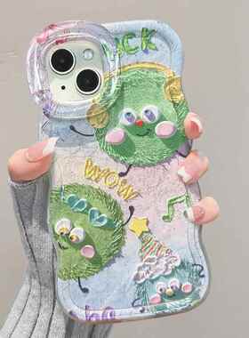 油画绿色毛球适用苹果16手机壳华为mate60pro双支架15可爱14/13女新款适用于苹果17promax手机壳iphone16巨好