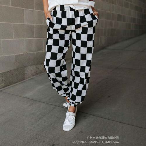 Trendy Black and White Checkered Jogger Pants for