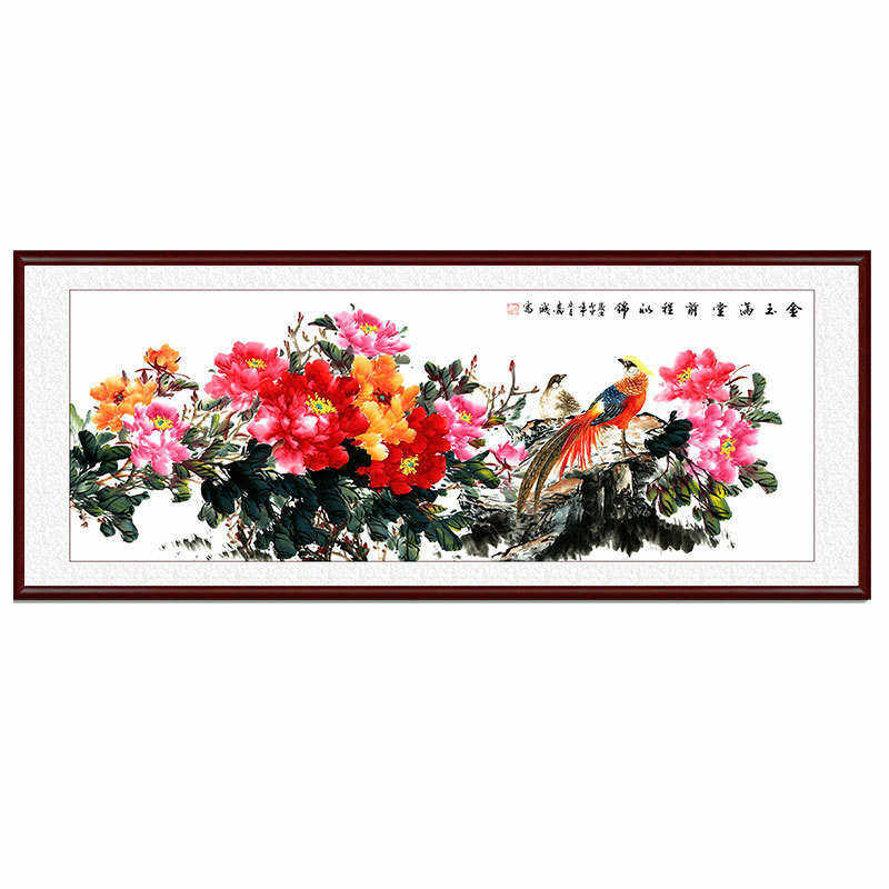 图鱼中式工厂字画国画牡丹电商实木装饰画富贵挂画代发客厅花开九