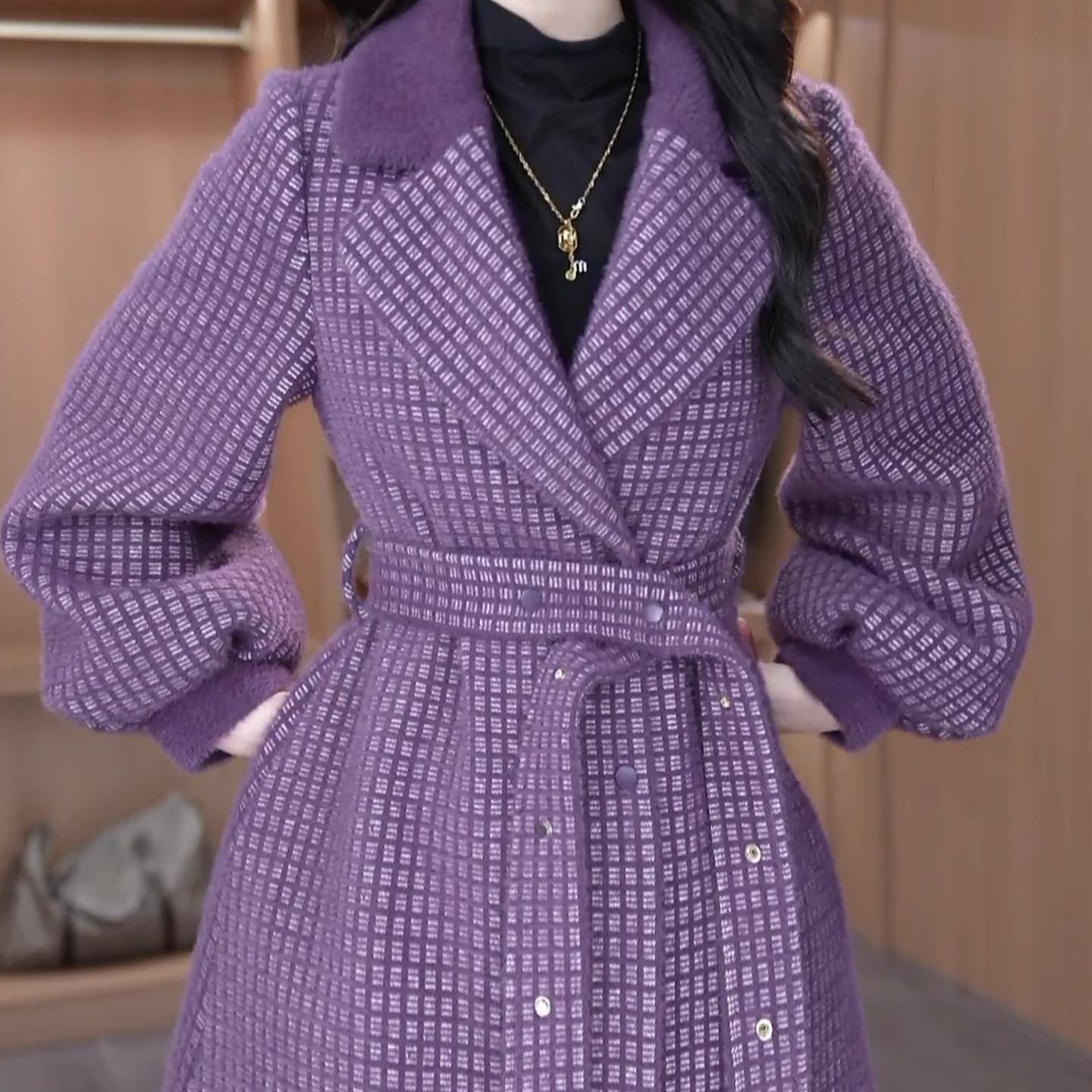 新品气质格纹毛呢外套女2026冬季新款中年妈妈收腰显瘦洋气中长款
