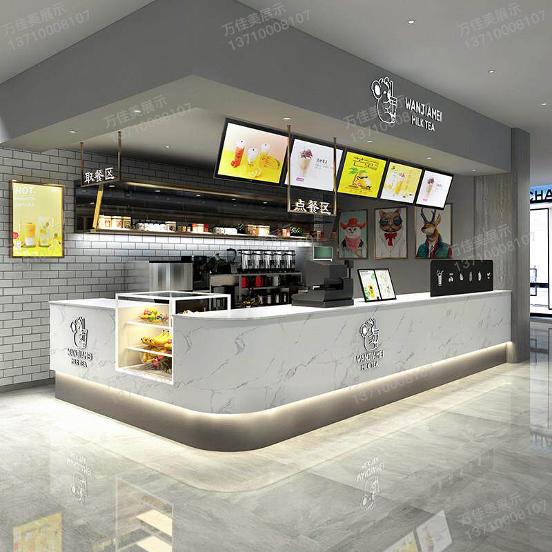 奶茶店吧台水吧收银台定制饮品店咖啡厅前台简约大理石转角前台