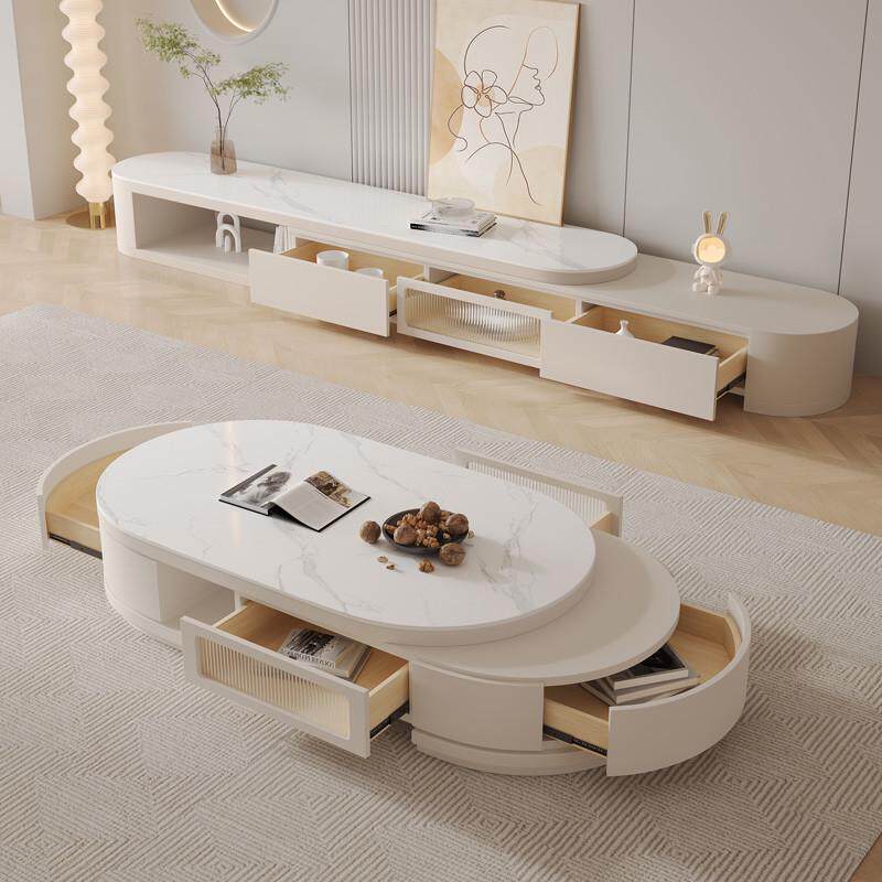 网红奶油风伸缩岩板茶几电视柜组合客厅家用椭圆形小户型简约落地