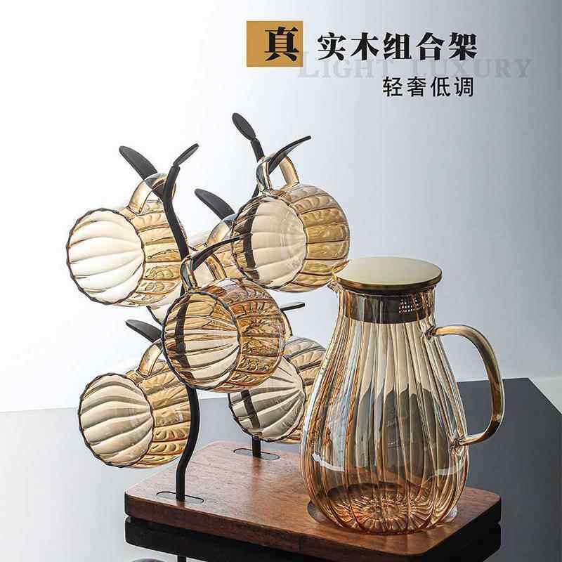 高颜值琥珀色凉水壶套装加厚高硼硅玻璃耐热竖条纹冷水壶不锈钢盖