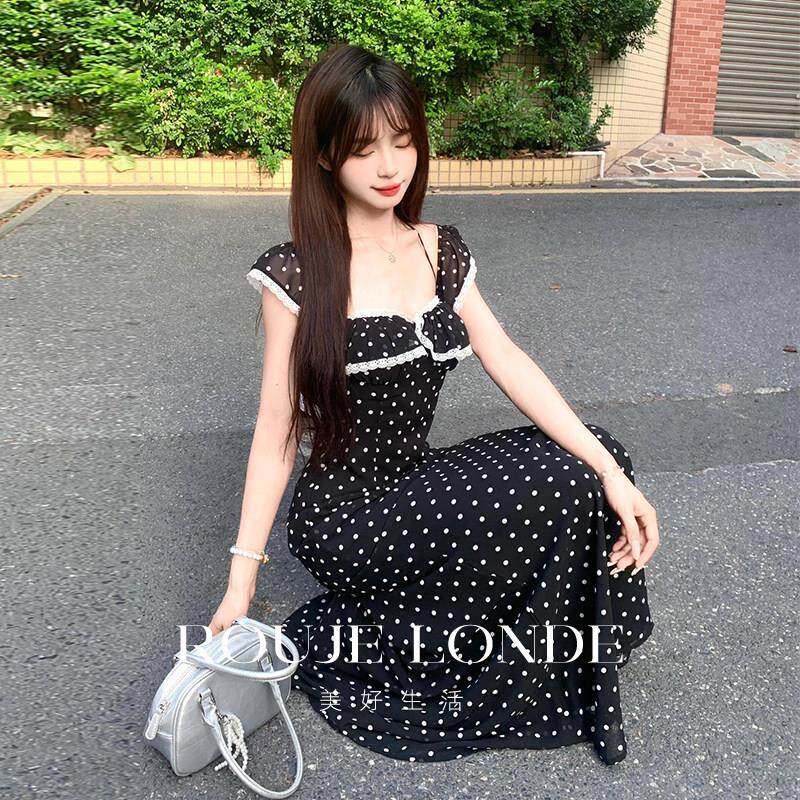 ROUJE LONDE法式方领蕾丝荷叶边波点连衣裙女士夏季露背收腰长裙