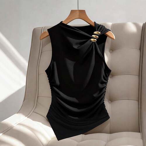 Women Asymmetric Hem Gold Sleeveless Ruched Knit Tank