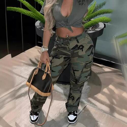 Womens Camo Cargo Pants Wide Leg Camouflage Army Fatigue