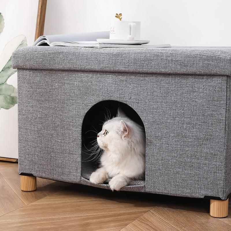 厂家直销猫宠物狗收纳凳棉麻布艺狗窝储猫窝可折叠脚物凳实木89茶