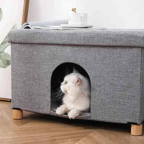 厂家直销猫宠物狗收纳凳棉麻布艺狗窝储猫窝可折叠脚物凳实木89茶