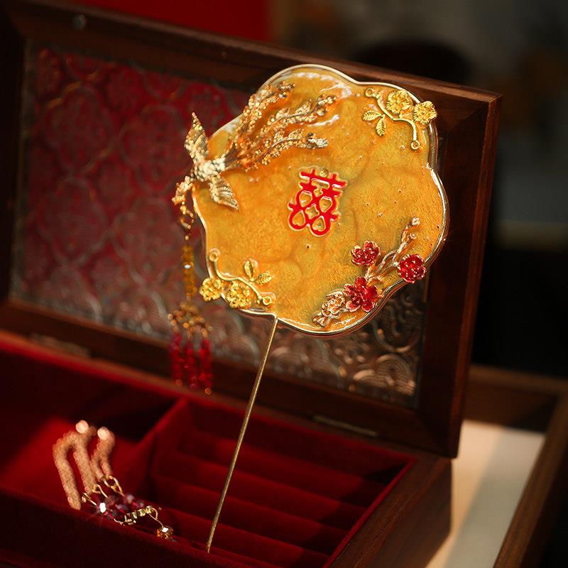 新娘精致迷你中式秀禾晨袍小团扇覆古喜扇结婚古风手持扇汉服配饰