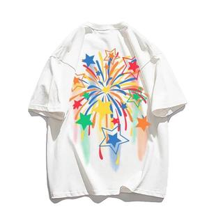宽松半袖 美式 街头男士 T恤夏季 上衣 潮牌烟花字母印花重磅纯棉短袖