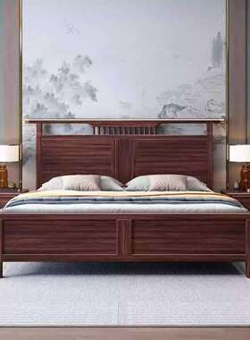 新中式乌金木实木床主卧婚床家用1.8M双人中式乌金木储物实木大床