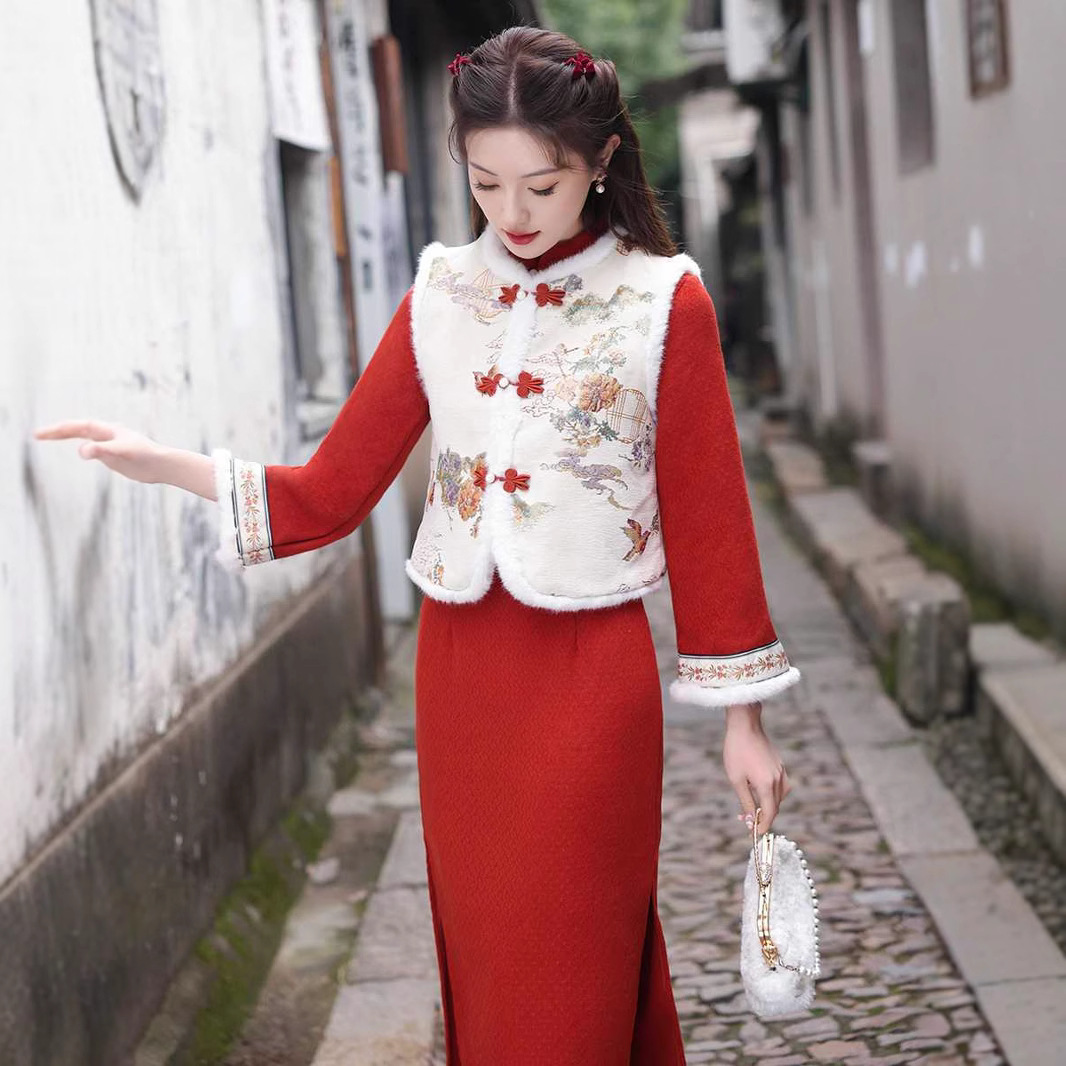 复古国风红色旗袍马甲时尚套装