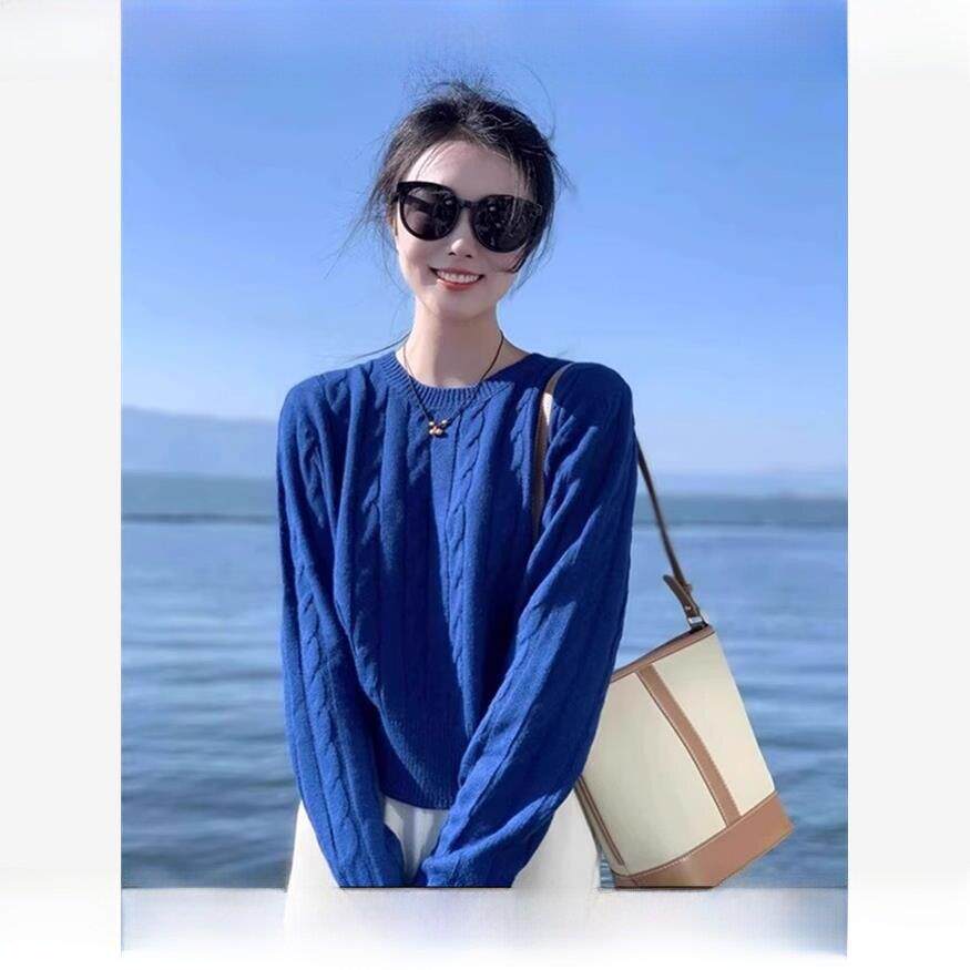 Rouje tusse克莱因蓝色羊绒毛衣女秋冬季慵懒软糯针织衫羊毛上衣