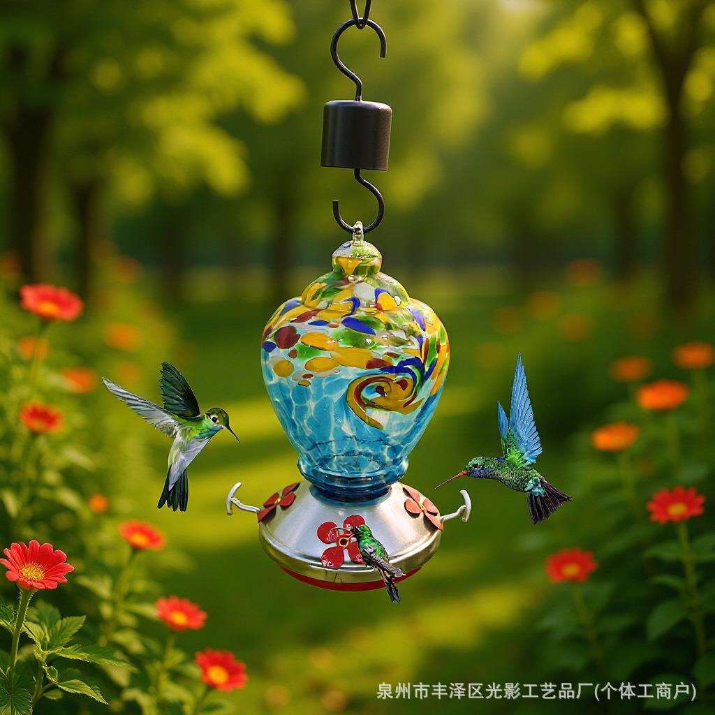 源头厂家彩绘玻璃蜂鸟喂食器 喂水器 喂鸟器 防蚂蚁挂钩园艺用品