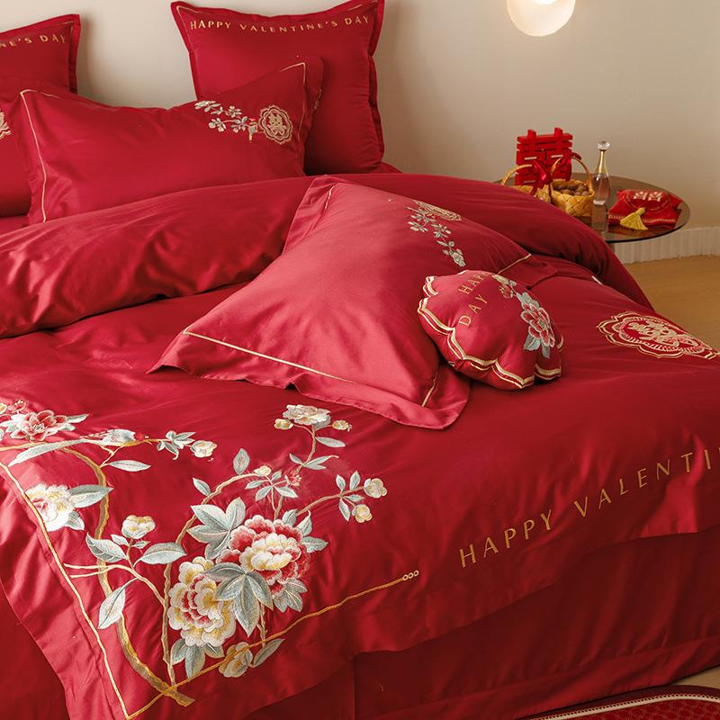 中轻刺绣花结婚红色喜hiz4rfnF庆棉式四件套陪嫁床上喜被新套床单