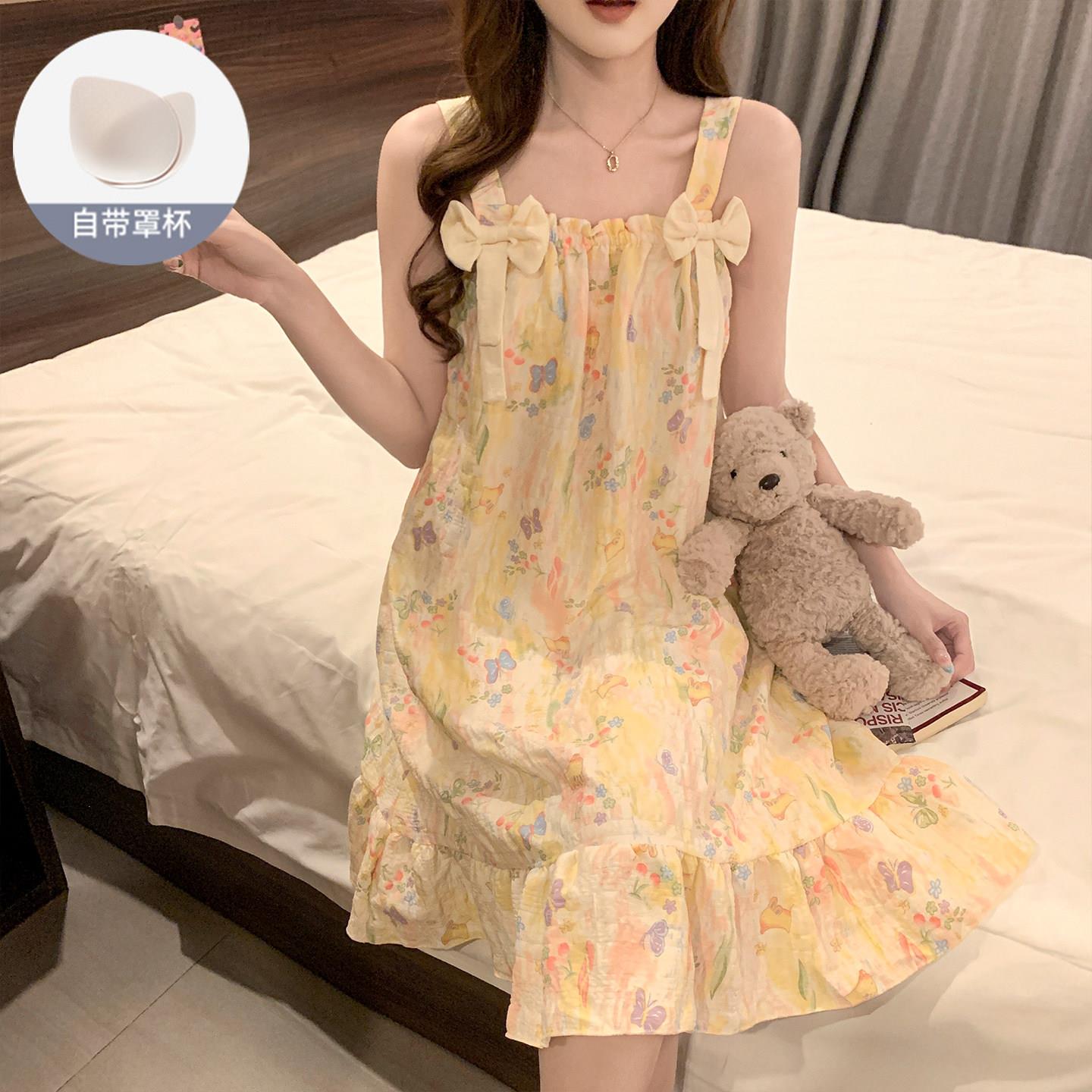 甜美公主风吊带睡裙女夏季带附胸垫背心2026新款蝴蝶花朵睡衣家居