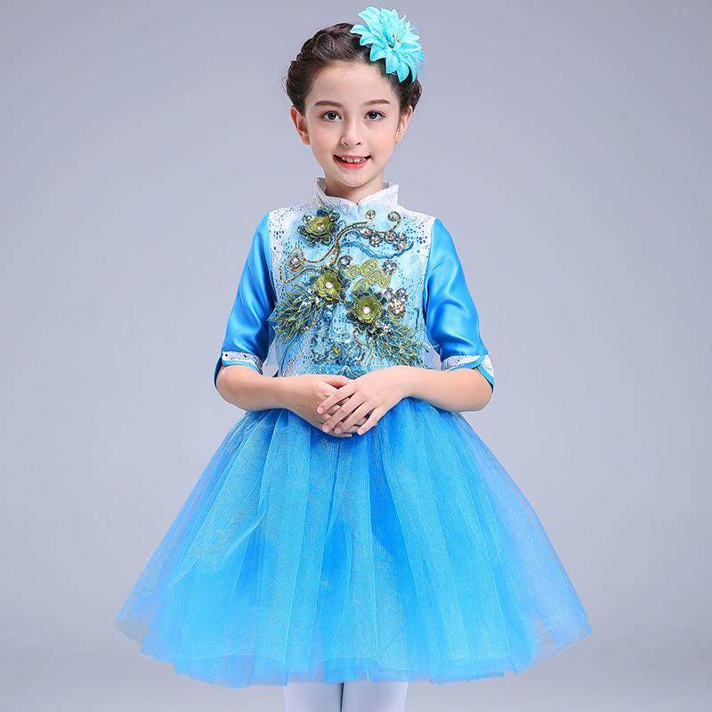 正品儿童演舞出服小学生蓝朗诵比赛男女童色蹈子合唱蓬蓬裙表演裙