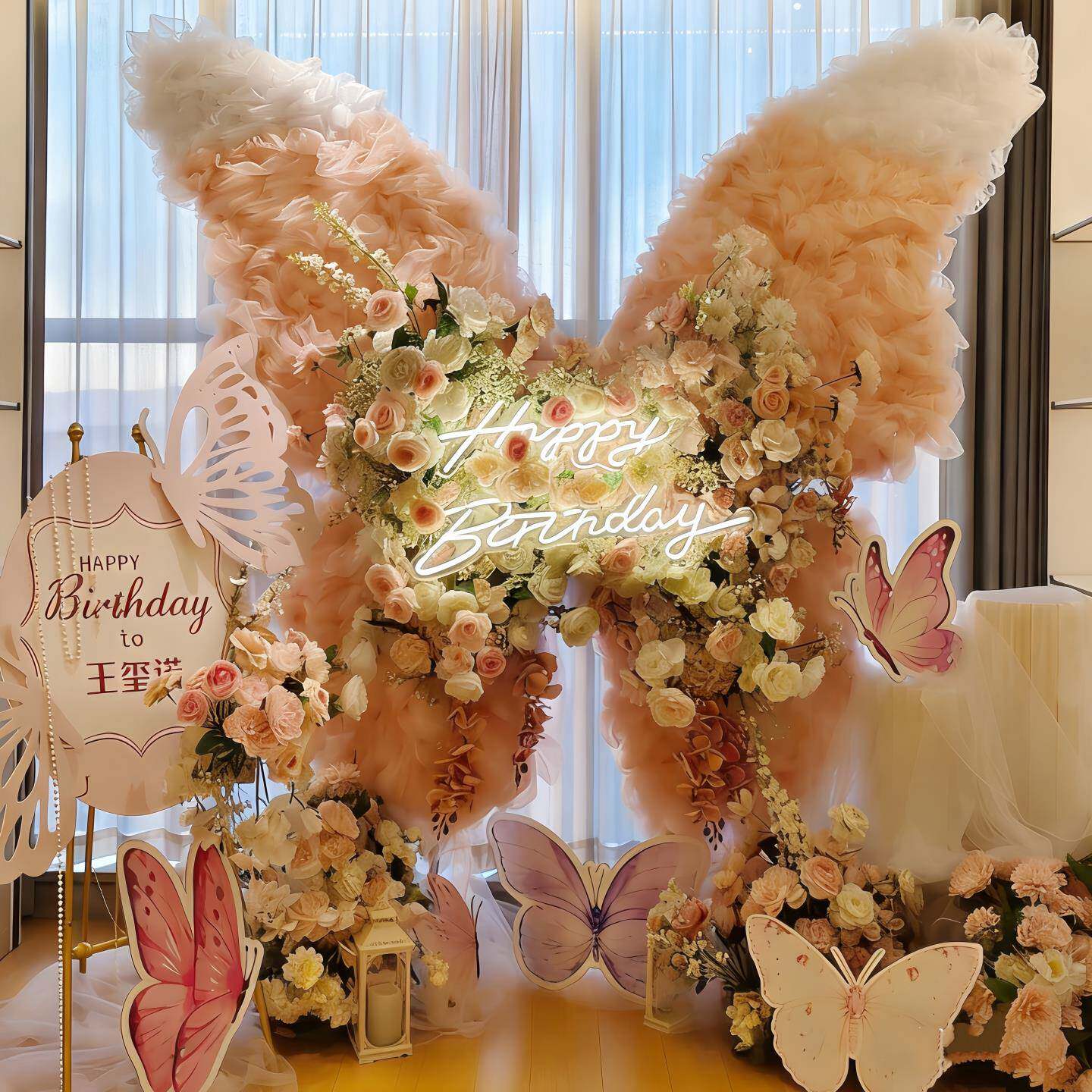 酒店包厢生日派对网纱绢花蝴蝶订婚宴婚庆布置仿真花艺蝴蝶大翅膀