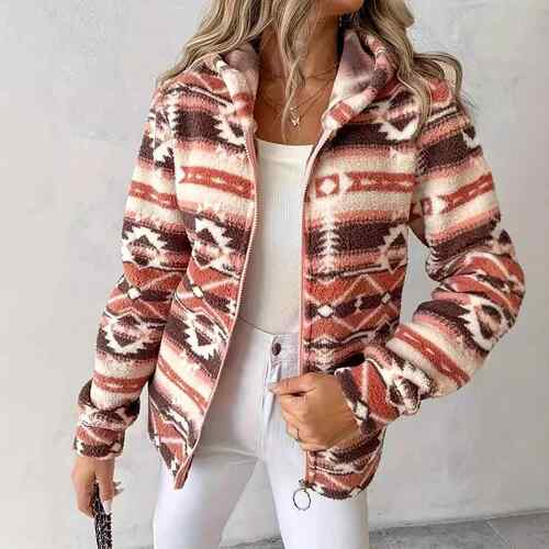 Women's geometric pattern printed hooded zipper jacket for