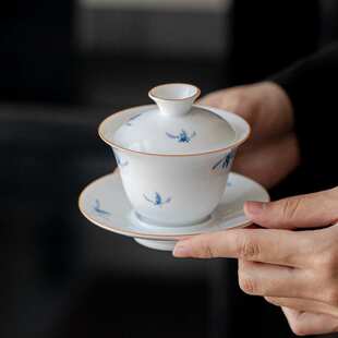 手绘小兰花三才盖碗釉下彩小号玉泥白瓷泡茶碗功夫茶具家用泡茶器