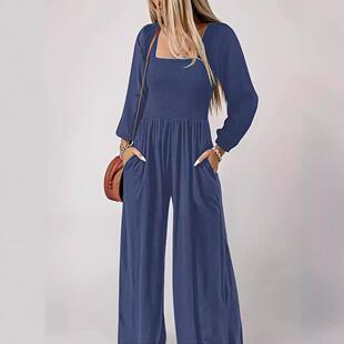 Women's Solid Shirred Pocket Jumpsuit Elegant Bishop Sleeve