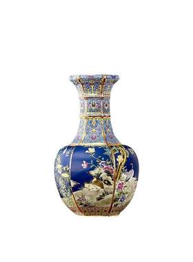 德镇制珐琅彩展品松鹤长春陶瓷花瓶摆件客厅博古架装饰