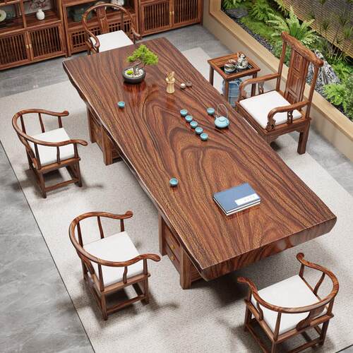 胡桃木整板大板茶桌椅组合一桌五椅新中式办公室实木功夫喝泡茶台