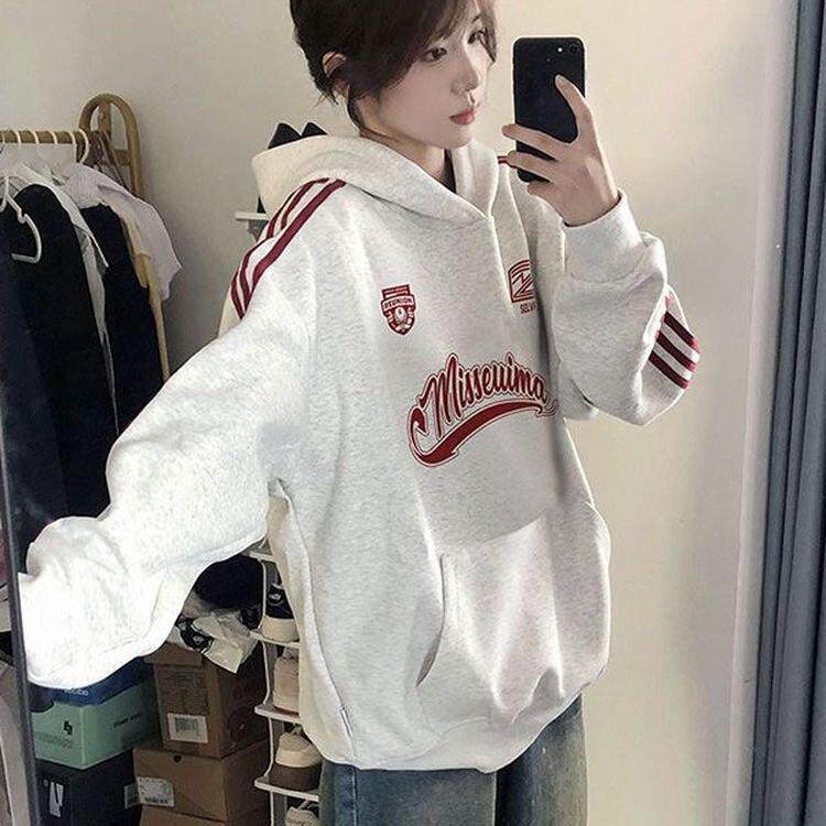 美式插肩三条杠卫衣女大童2025春秋新款爆款初中生宽松连帽外套女