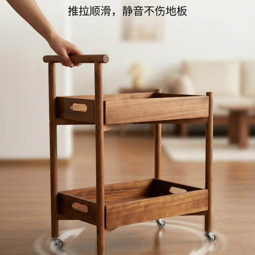 胡桃木木语双层推车餐边推车置物带轮置物架茶边几
