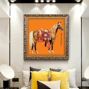 美式骏马装饰画玄关餐厅装饰正方形欧式大气两幅组合客厅挂画轻奢