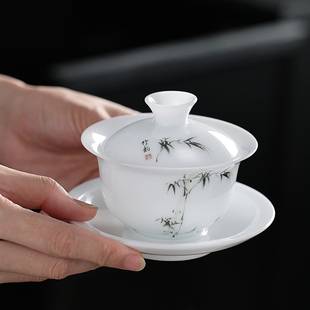 冰种玉瓷盖碗茶杯羊脂玉瓷三才泡茶碗家用功夫茶具防烫白瓷手绘瓷