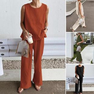 color casual suit vest sleeveless loose slit trousers solid