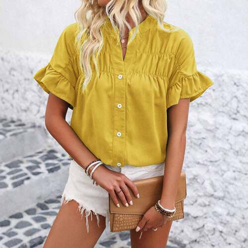 A women's solid color pleated shirt with buttons  linen and