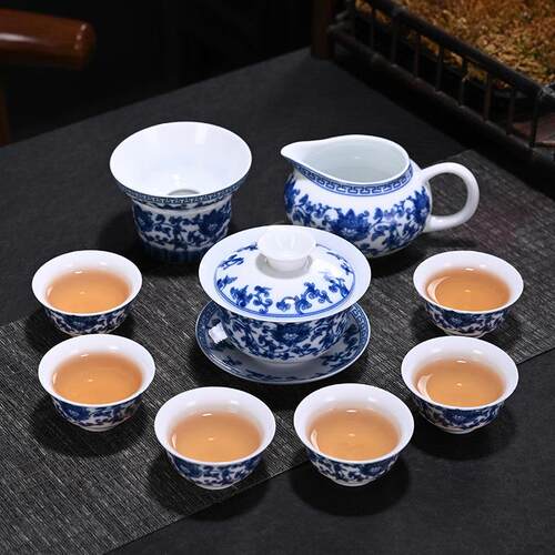 功夫茶具套组经典青花瓷陶瓷盖碗三才杯釉下彩茶盘覆古整套茶道