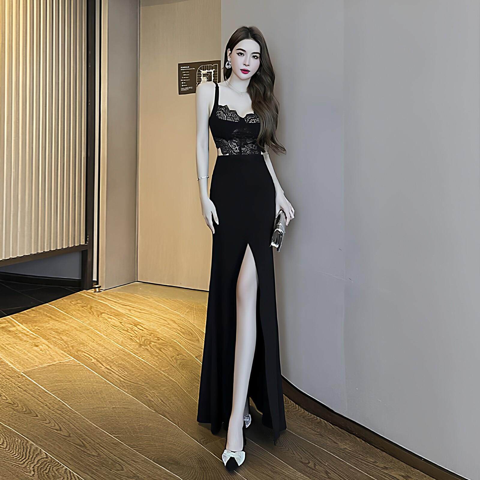 性感连衣裙女足浴夜场女装高级技师工作服桑拿黑色长裙晚礼服