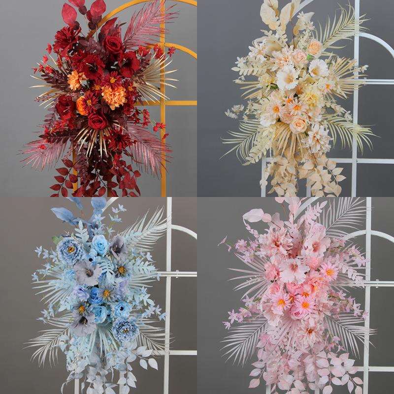 婚庆花艺背景装饰柚子叶挂花红色系森系婚礼点花架角花路引花