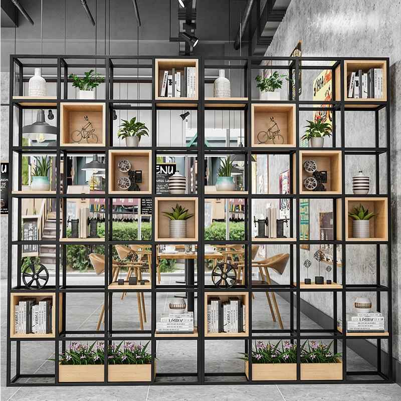 美式铁艺落地屏风隔断客厅架子实木书架现代简约展示架隔板置物架