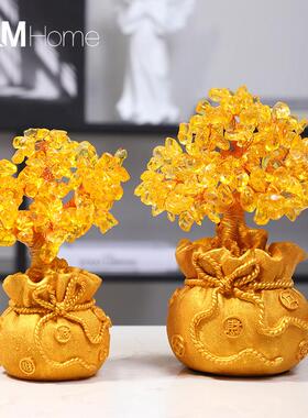 黄水晶发财树风水摆饰家居酒柜装饰品创意客厅玄关小摇钱树工艺礼