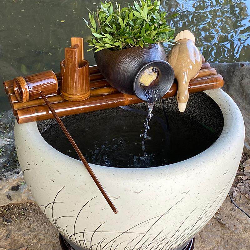 陶瓷鱼缸竹子流水过滤摆件三合一增氧净水圆缸专用过滤水循环系统