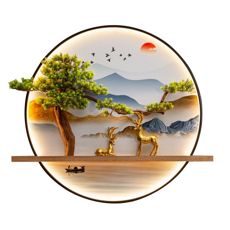 轻奢装饰壁挂画玄关墙面高档客厅沙发背景墙迎客松挂件圆形新中式