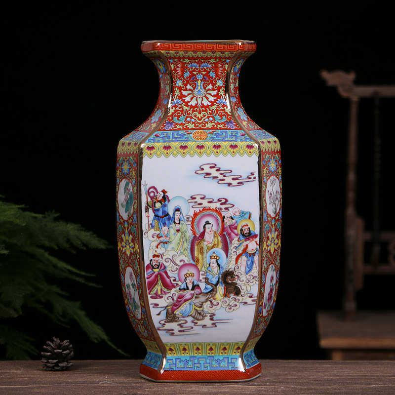 工艺品彩珐琅六方仿古景德镇花瓶瓶瓷器中式陶瓷摆件人物装饰品