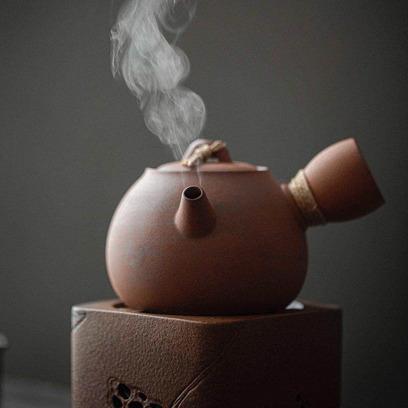 粗陶老岩泥鸣泉侧把壶酒精炉套组中式泡茶煮茶炉家用大容量温茶壶