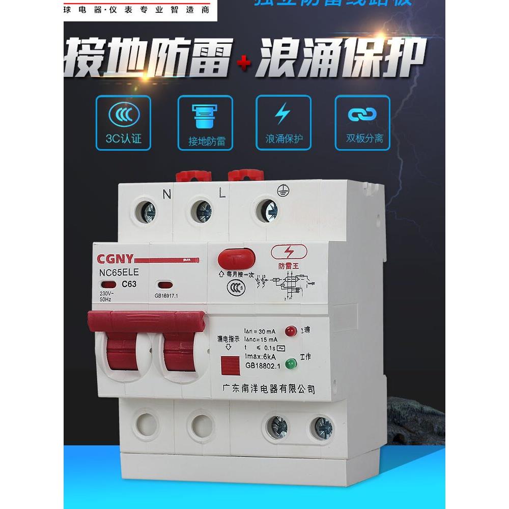 广东南洋电器漏电保护器家用总开关防雷浪涌电热水器断路器220V63